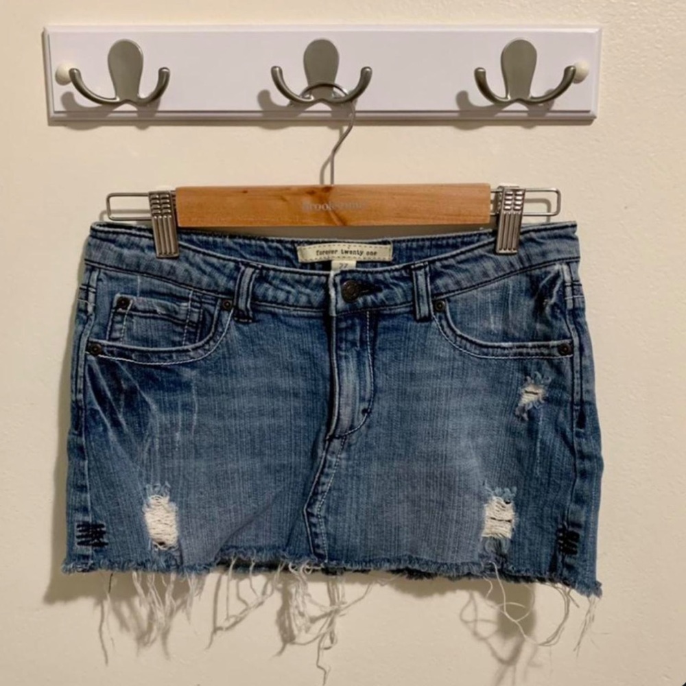 Y2K Blue Denim Jean Fringe Edge Distressed Low Rise Mini Skirt